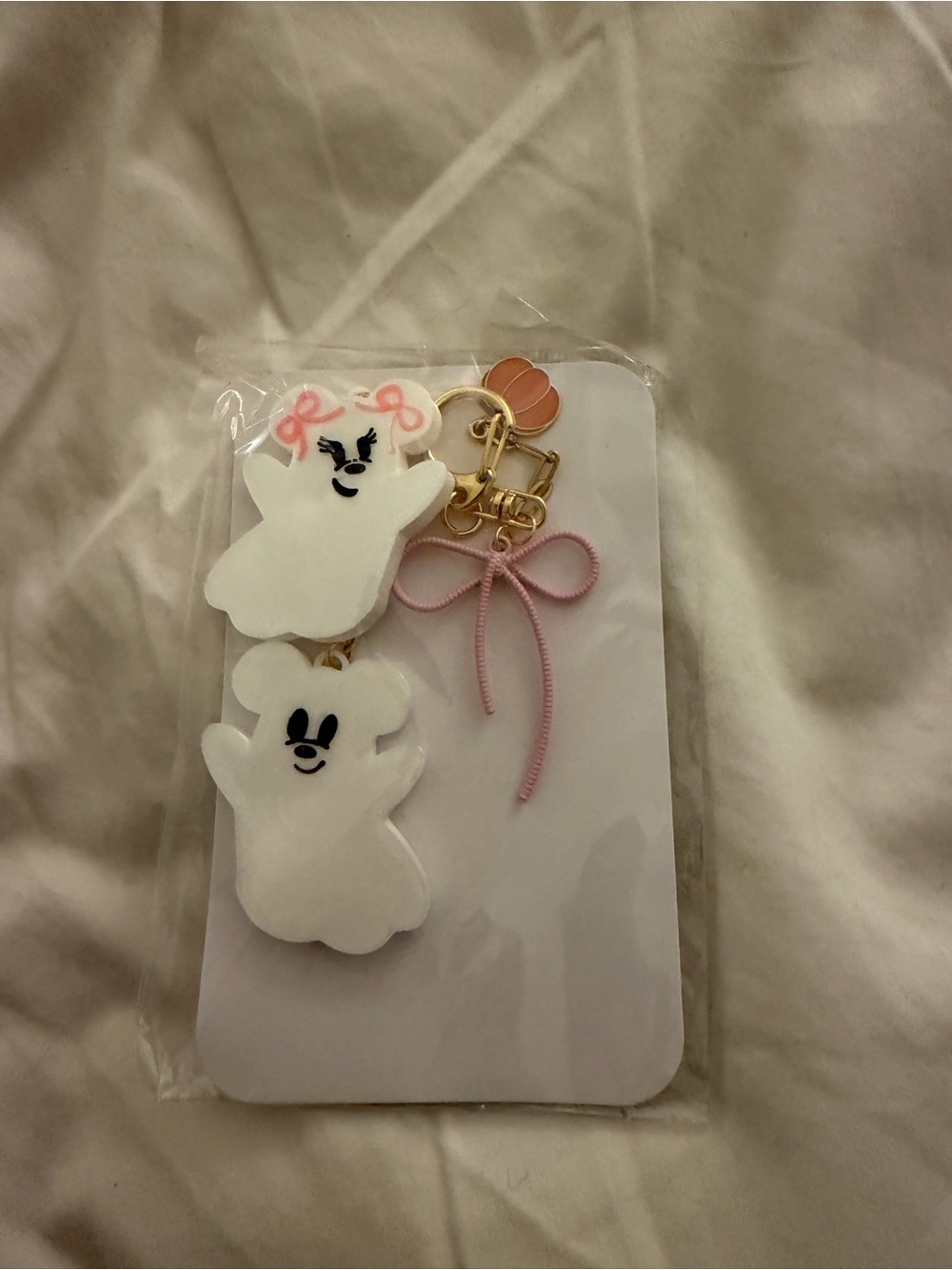 Disney Mickey Ghost Charm Keychain with Pink Bow and Gold Hardware
